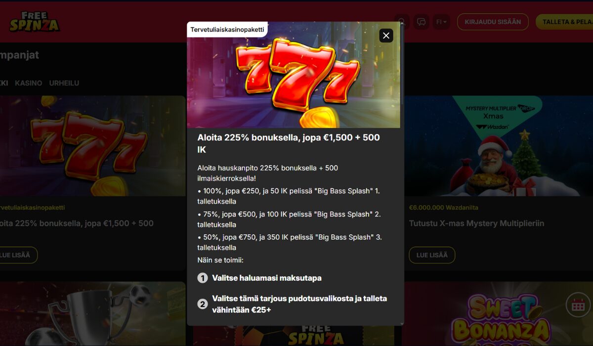 Free Spinza tervetuliaisbonus – 100% 250€ asti ja 50 ilmaiskierrosta Big Bass Splash -peliin.
