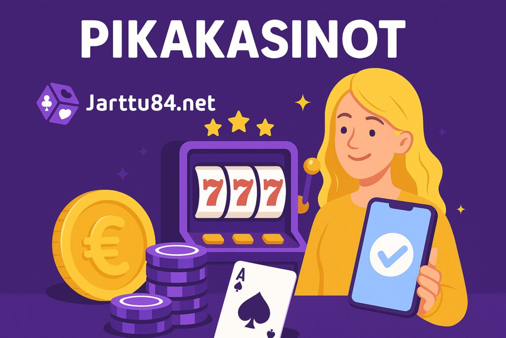 Pikakasinot Pay N Play -kasinot suomalaisille pelaajille – Jarttu84.netin kuvitus, jossa näkyy slot-kone, eurokolikko ja mobiilivarmennus.